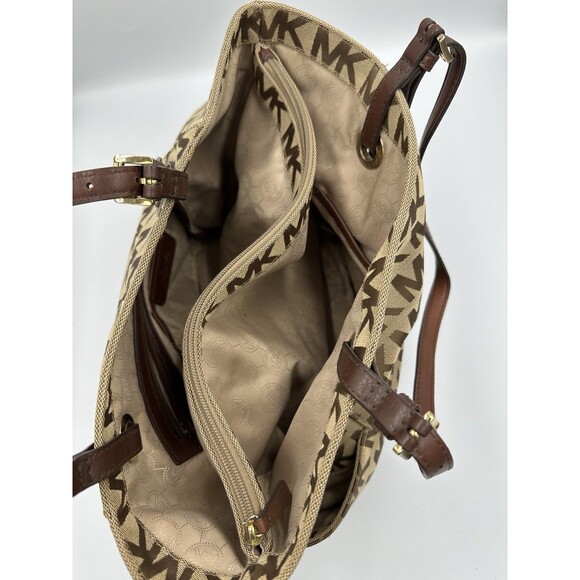 Michael Kors Signature Open Top Tote Center Zip Brown Tones Canvas Lerather Trim - Picture 7 of 8